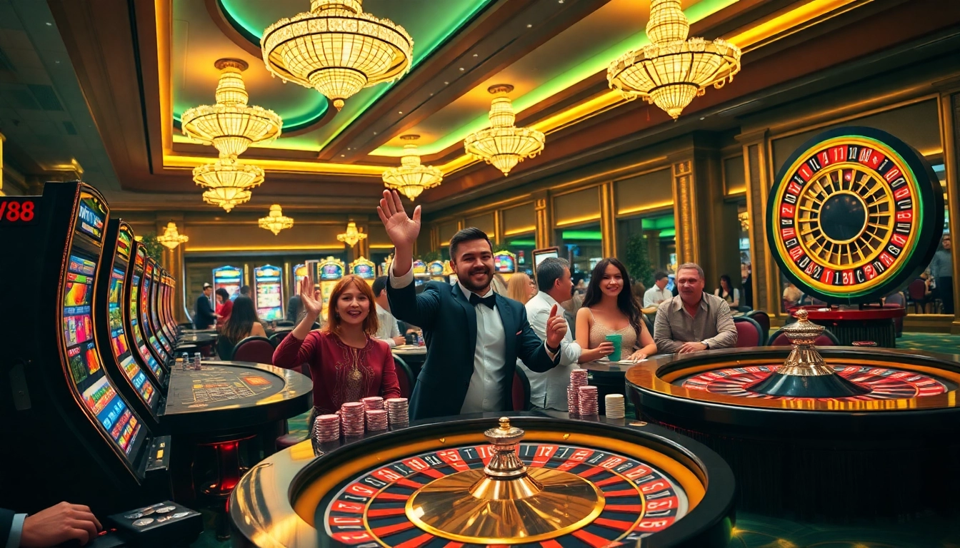 Excited players enjoying their time at LV88 casino, surrounded by luxurious tables and slot machines.