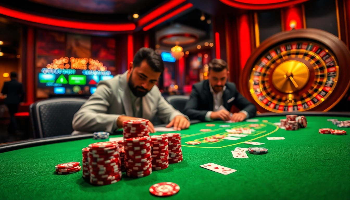 Engaging scene of high-stakes gambling featuring KK55-themed poker players and roulette wheels.