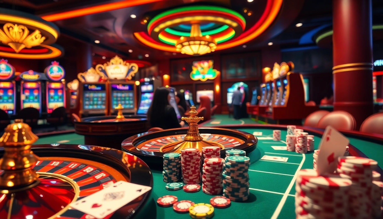 Players enjoying various casino games at https://gg88.tech/ under vibrant lights and luxurious decor.