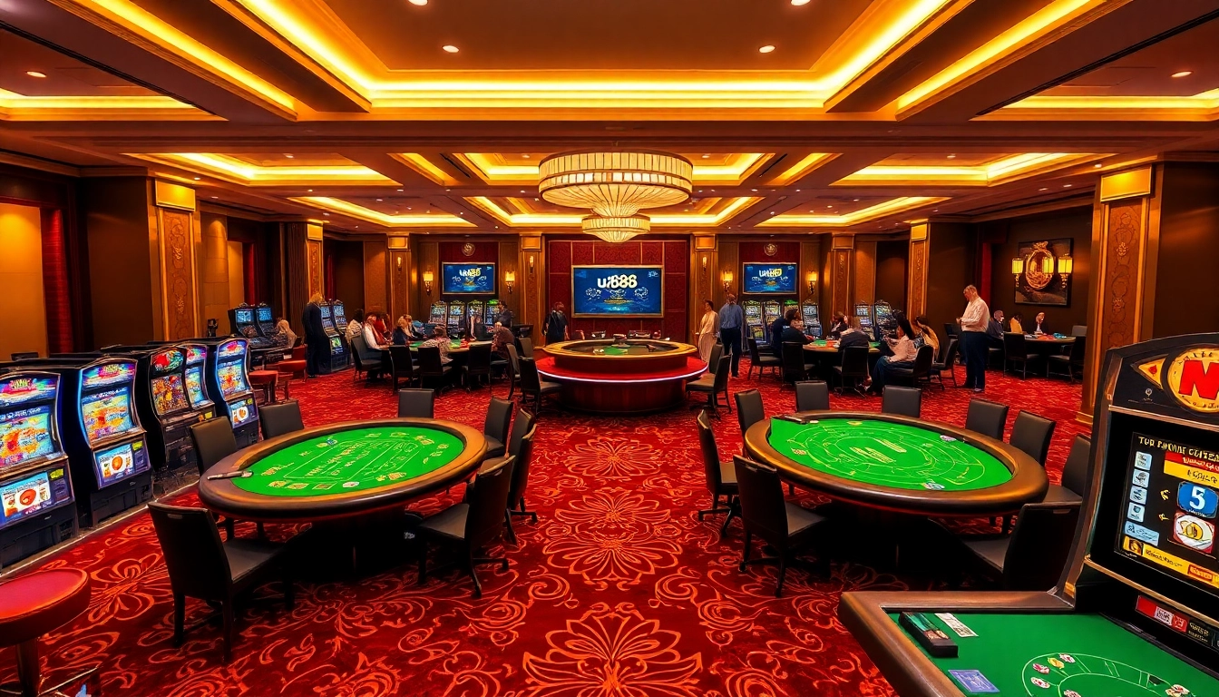 Engaged players enjoying exhilarating casino games at u888, with luxurious décor and vibrant atmosphere.