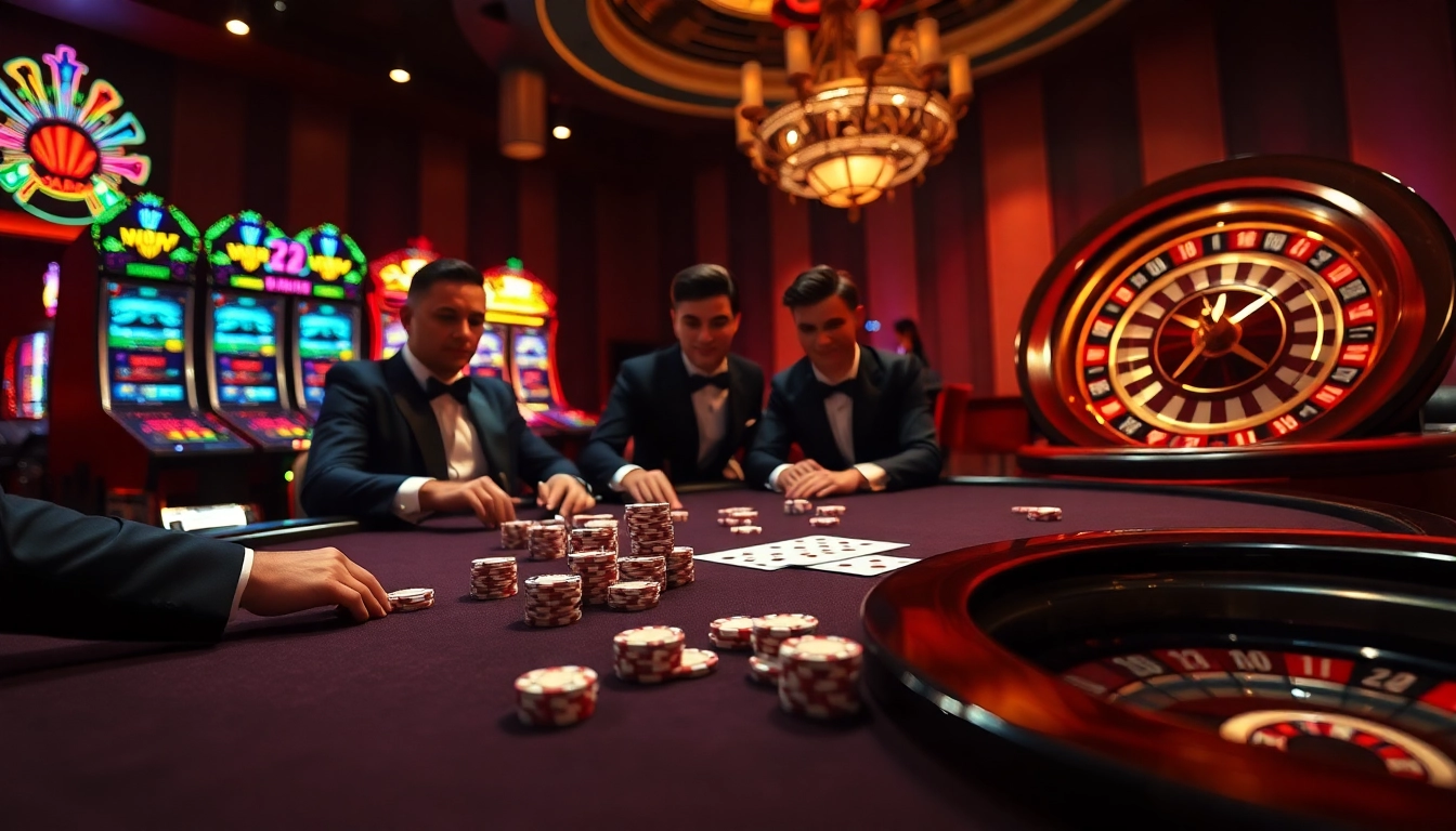 Experience the thrill of high-stakes betting at https://hm88.blue/ with a luxurious casino scene featuring poker and roulette.