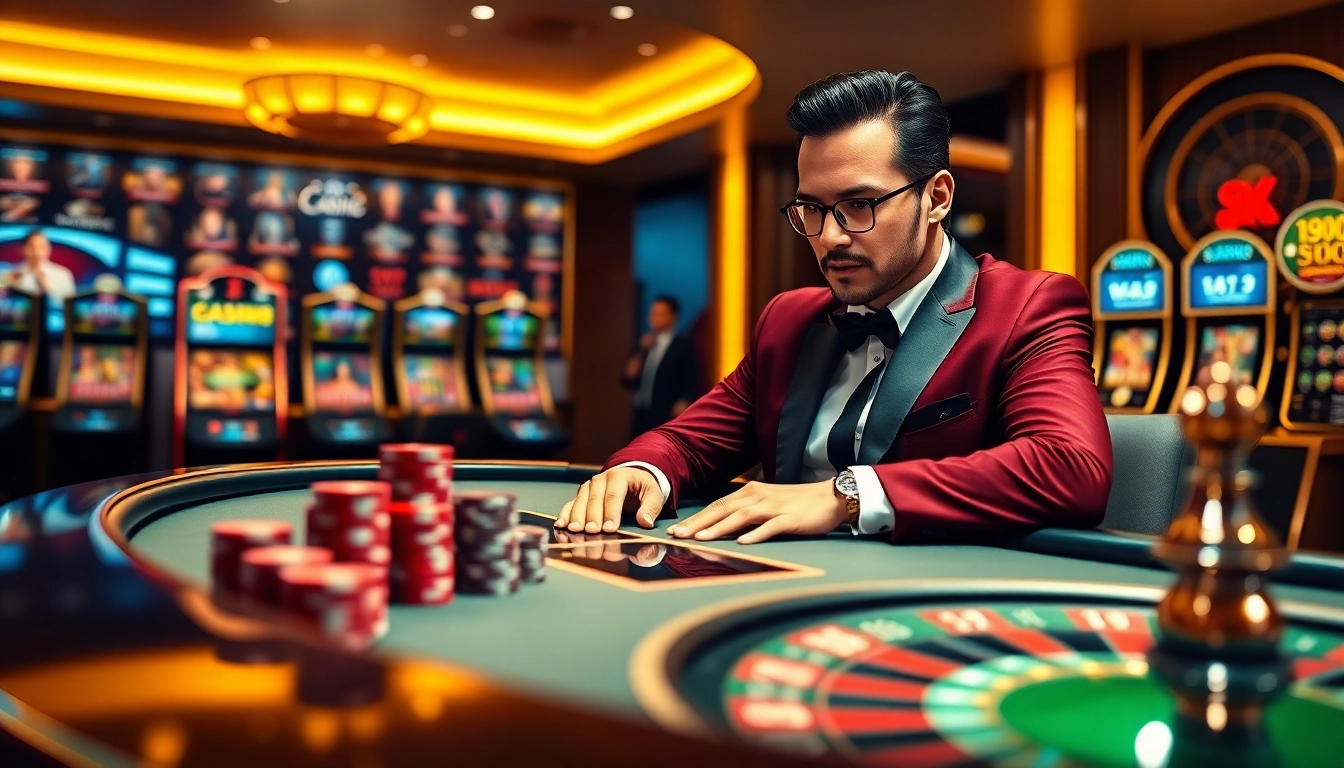 Experience thrilling gameplay at MM88 COM with a sophisticated gambler at a virtual poker table.