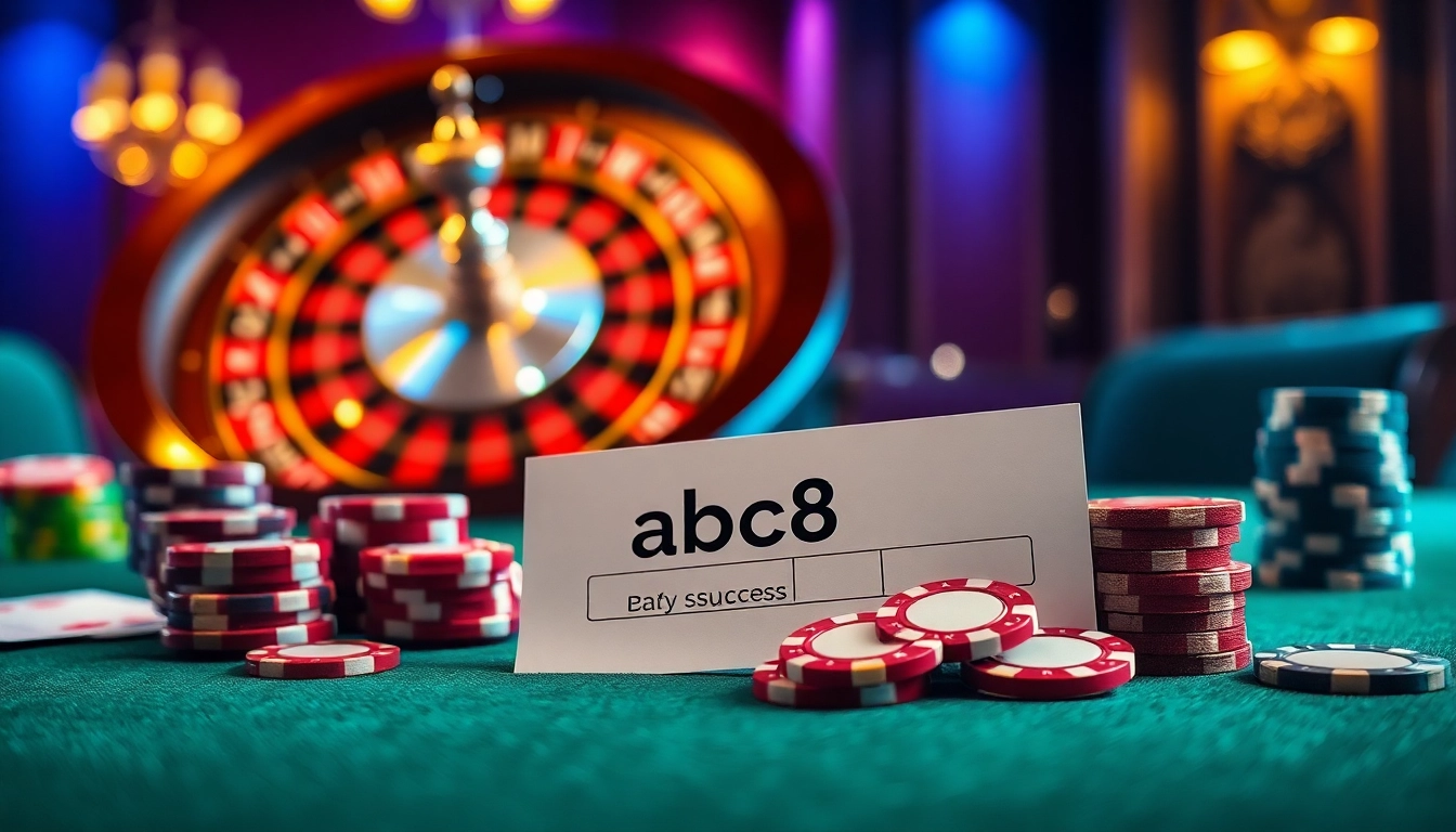 Experience the excitement of abc8 with vibrant poker chips and a spinning roulette wheel in a luxurious casino setting.