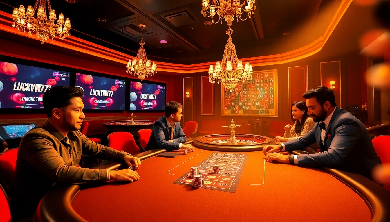 Players engaging at a luxurious poker table with luckywin777 updates displayed digitally.
