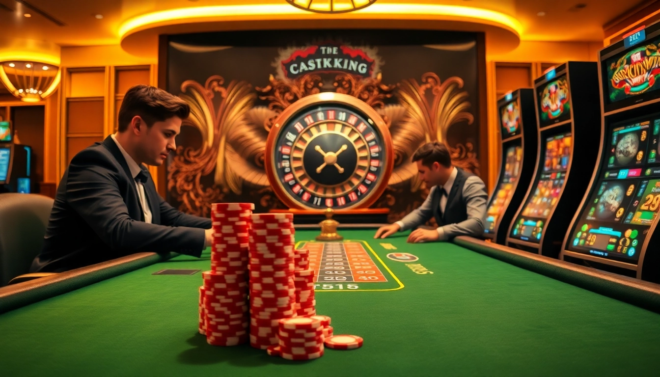 High-stakes gambling action at an okking-inspired poker table illuminated by golden lights.