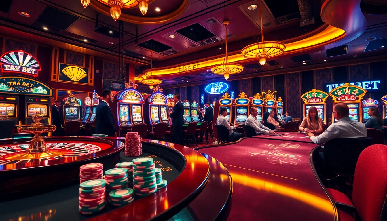 Experience the thrill of gambling at THA BET with vibrant casino scenes featuring roulette, poker, and slot machines.