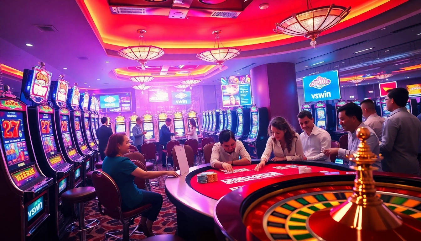 Experience the excitement of vswin with a vibrant casino scene featuring poker, roulette, and slot machines.