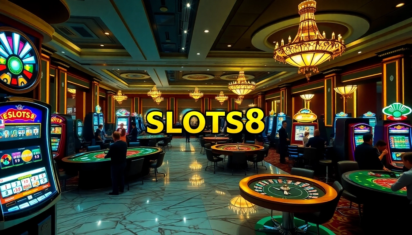 SLOTS8 slot machine amidst a vibrant casino scene with engaged players and opulent decor.