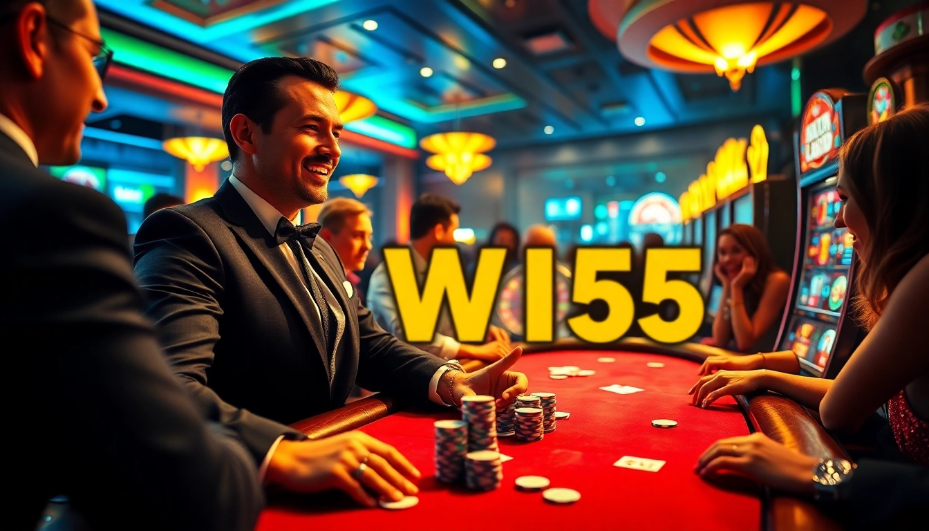 Players engaging in poker and roulette at a vibrant casino, highlighting win55 gambling excitement.
