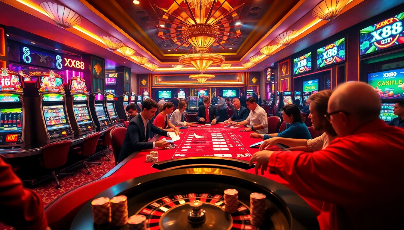 Players enjoy poker at a vibrant casino table, featuring xx88 branding amidst the action.