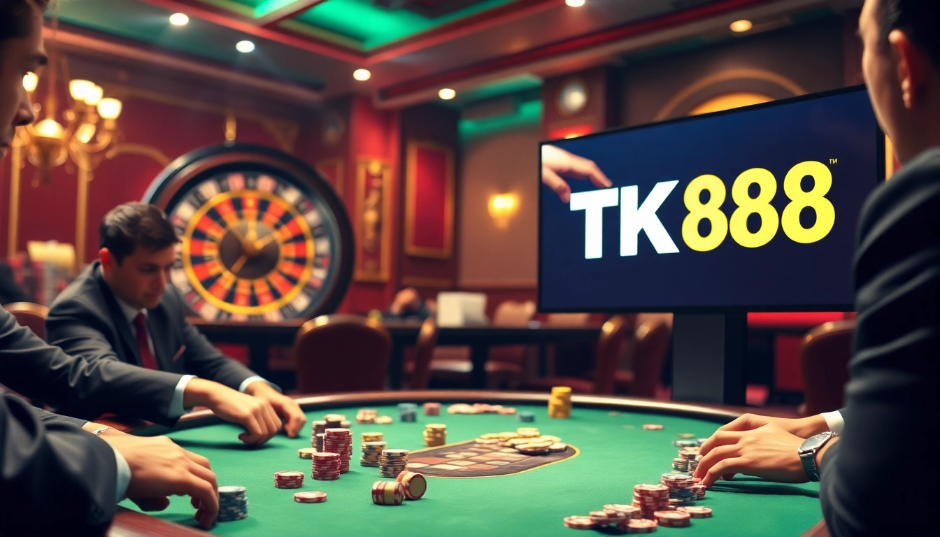 Players strategizing at a poker table with TK88 branding, highlighting casino excitement and luck.