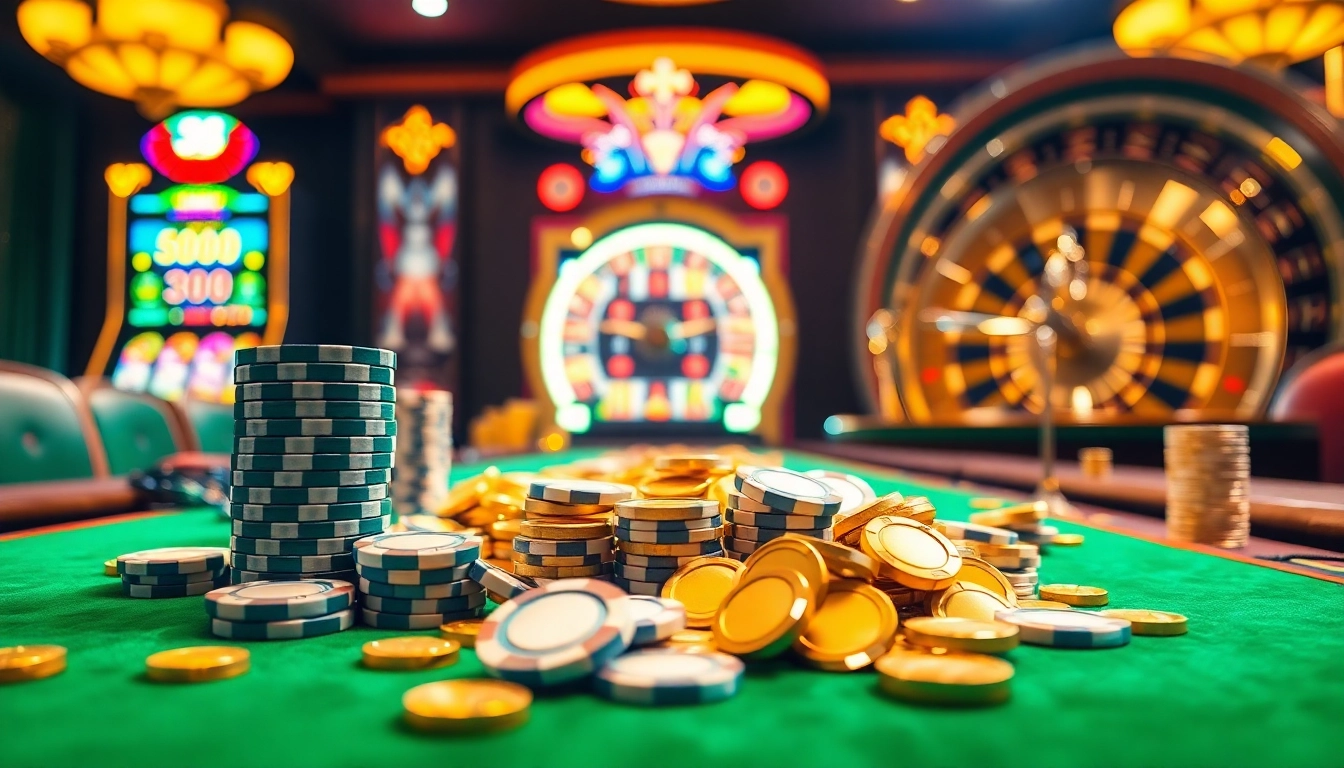 Experience high-stakes excitement at http://33winn.gold/ with a vibrant casino scene featuring poker chips and slot machines.