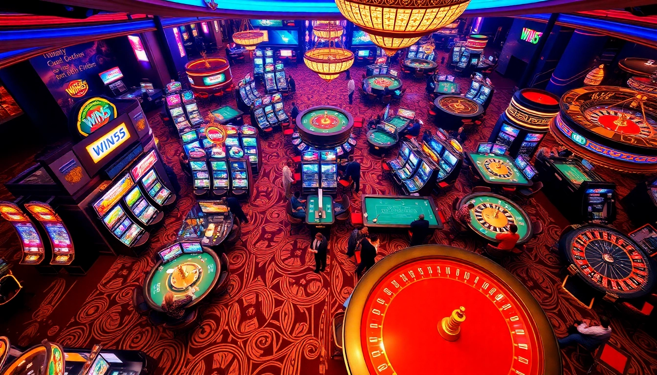 Players enjoying games in a vibrant casino, highlighting Win55 amidst slot machines, poker tables, and roulette wheels.