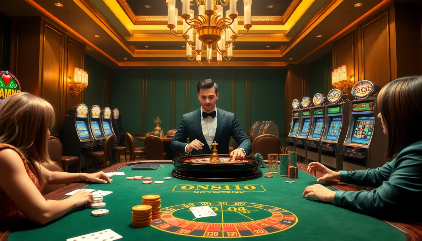 Experience a thrilling casino atmosphere at dn88.com with a vibrant gaming table, exciting dealers, and luxurious decor.