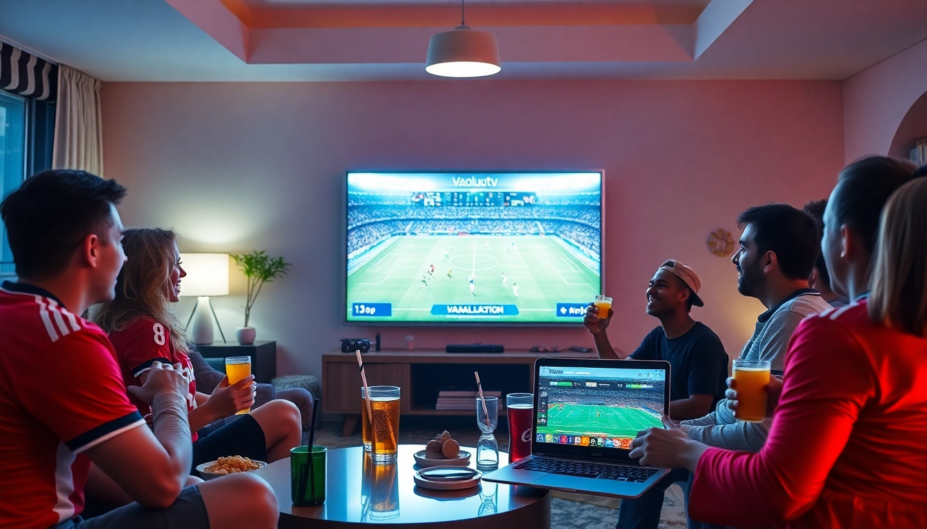 Football fans enjoying a live match on Vaoluoitv in a vibrant living room setting.