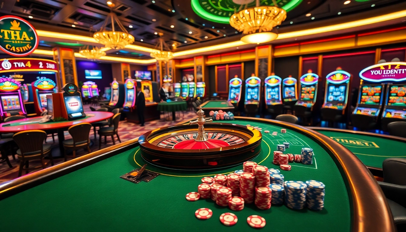 THA BET gaming scene showcasing a vibrant casino table with players engaged in high-stakes excitement.