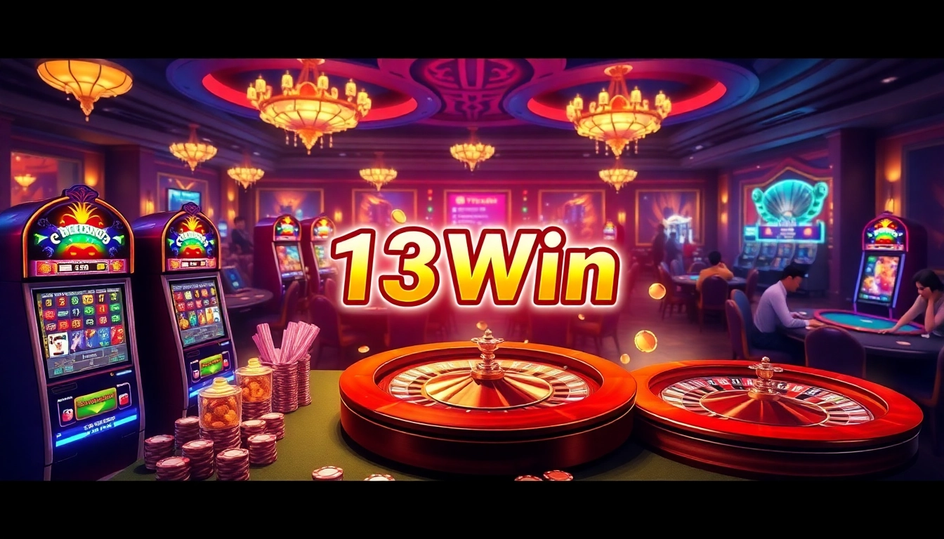 Experience the thrill of the 13Win game with vibrant slot machines and sleek casino tables.