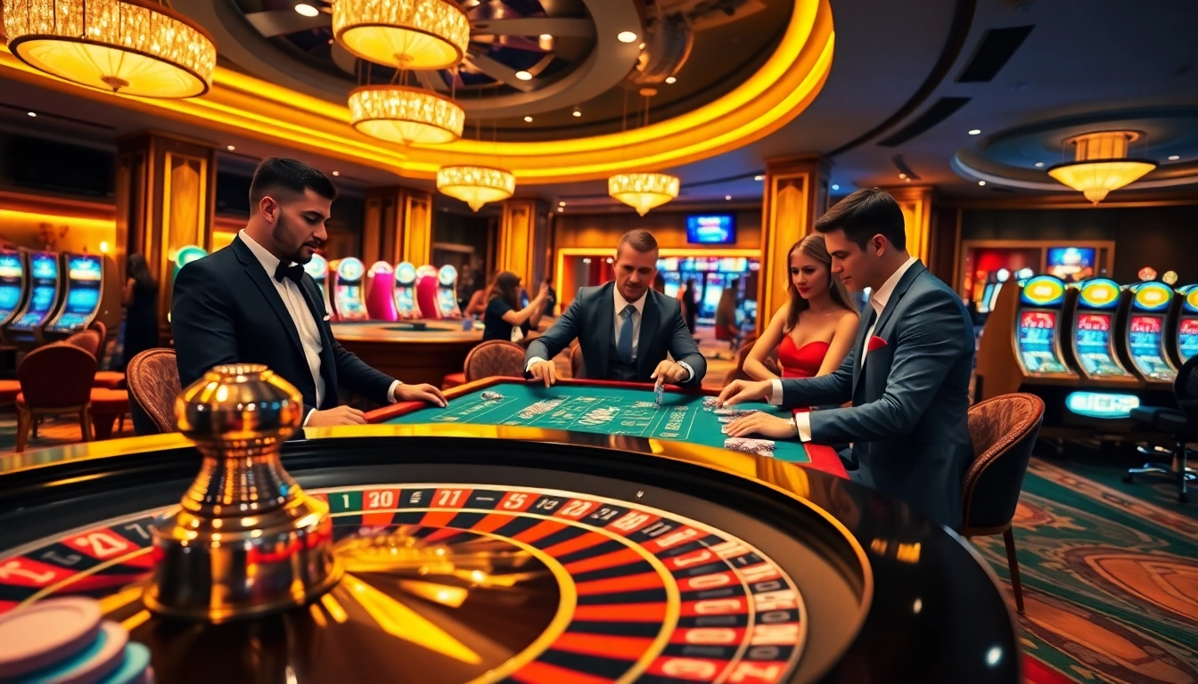Experience sky88 fun as players enjoy high-stakes gambling at a vibrant casino, featuring roulette and poker.