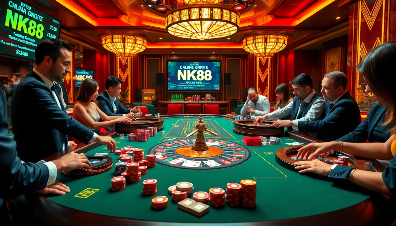 Engaged players rolling dice and placing bets at NK88 casino tables.