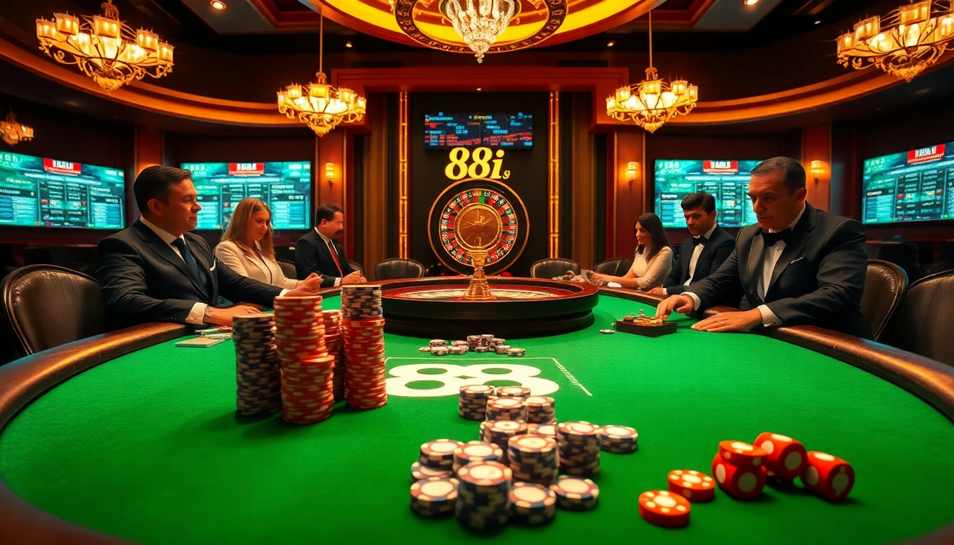 Excited players engage in a thrilling 88i poker game at an upscale casino table.
