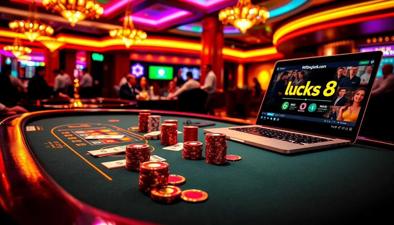 Trải nghiệm cảm giác hồi hộp tại https://luck8.com với bàn chơi đầy màu sắc, hiển thị các lá bài và chip sống động.