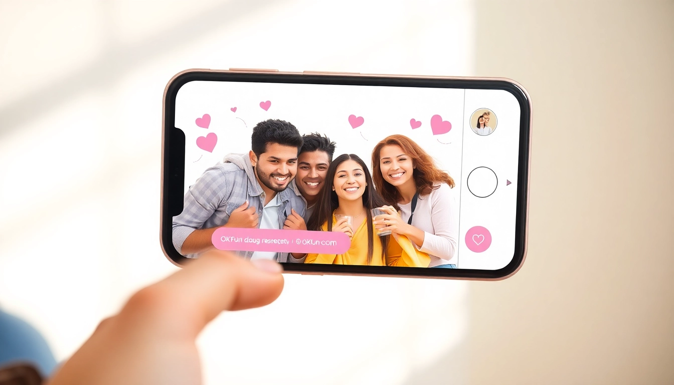 Engaging dating app interface on a smartphone for OKFUN COM showcasing diverse couples and singles.