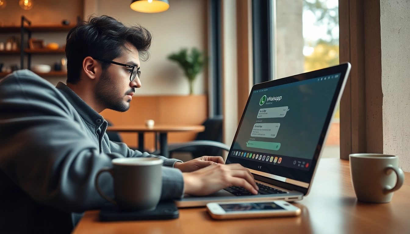 在舒适的咖啡馆中，使用笔记本电脑上的 WhatsApp网页版，突出无缝沟通。