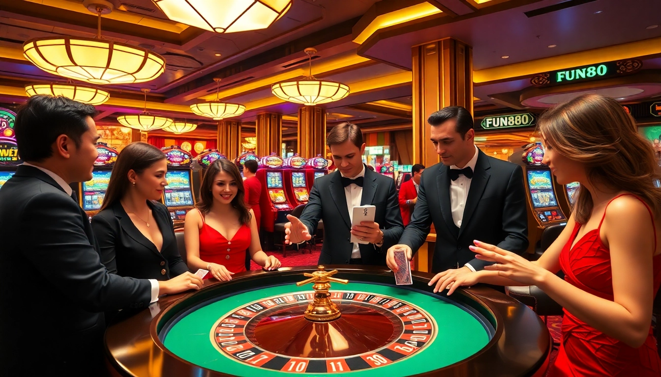Experience the excitement of Fun88 with lively casino action and players at a roulette table.