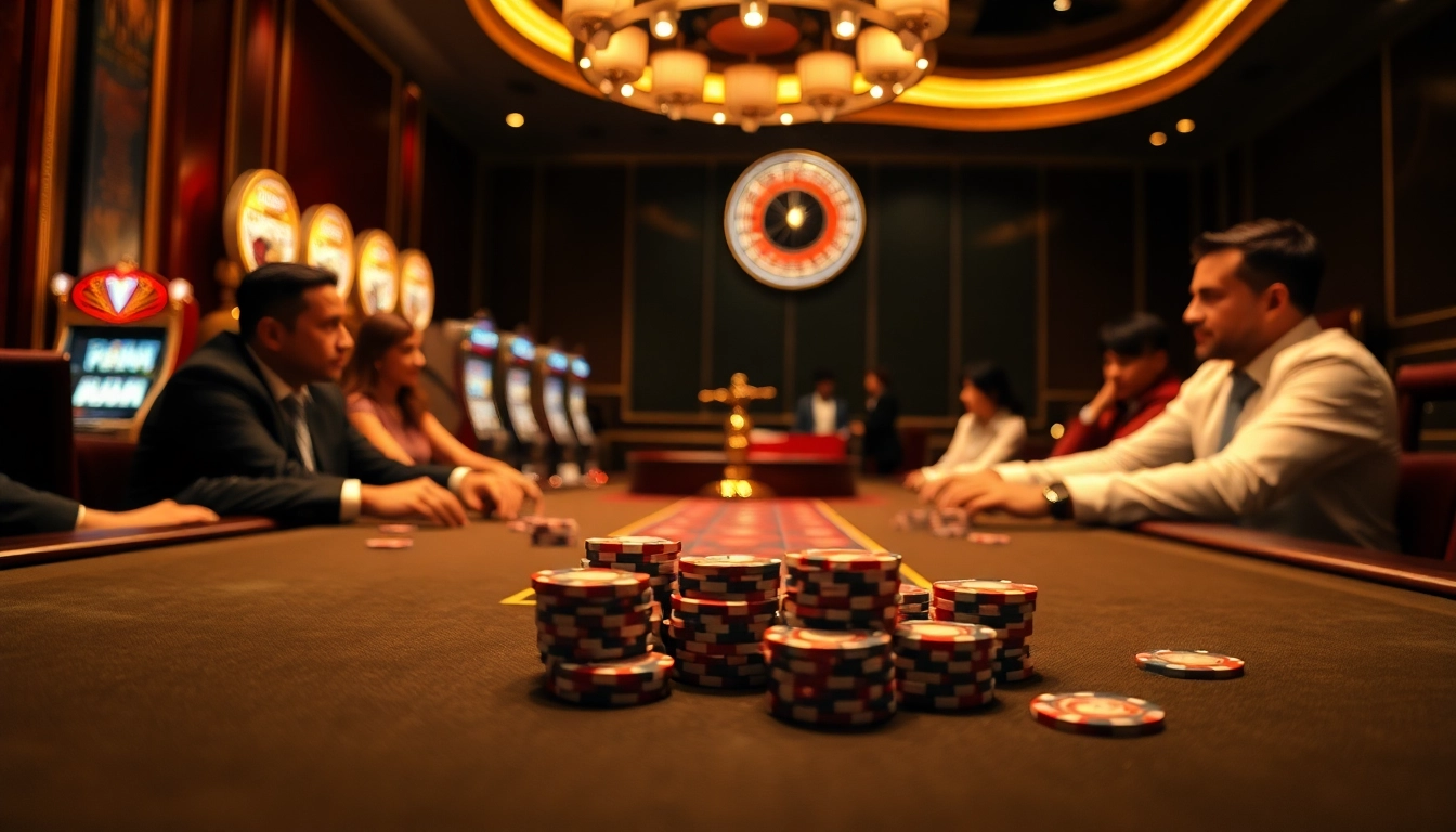 Players enjoying a thrilling game at the sunwin poker table with vibrant casino elements.