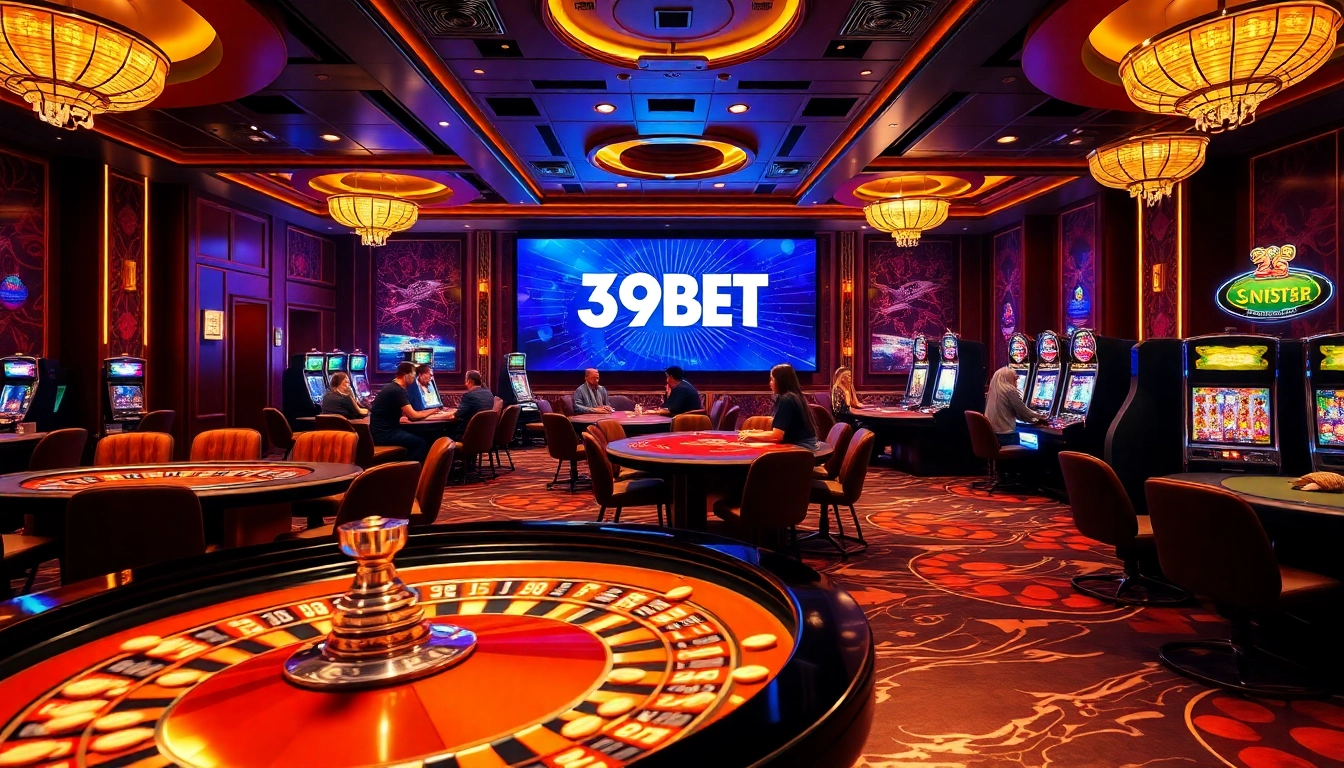 Capture the excitement of a 39BET casino with players at roulette tables and vibrant slot machines.