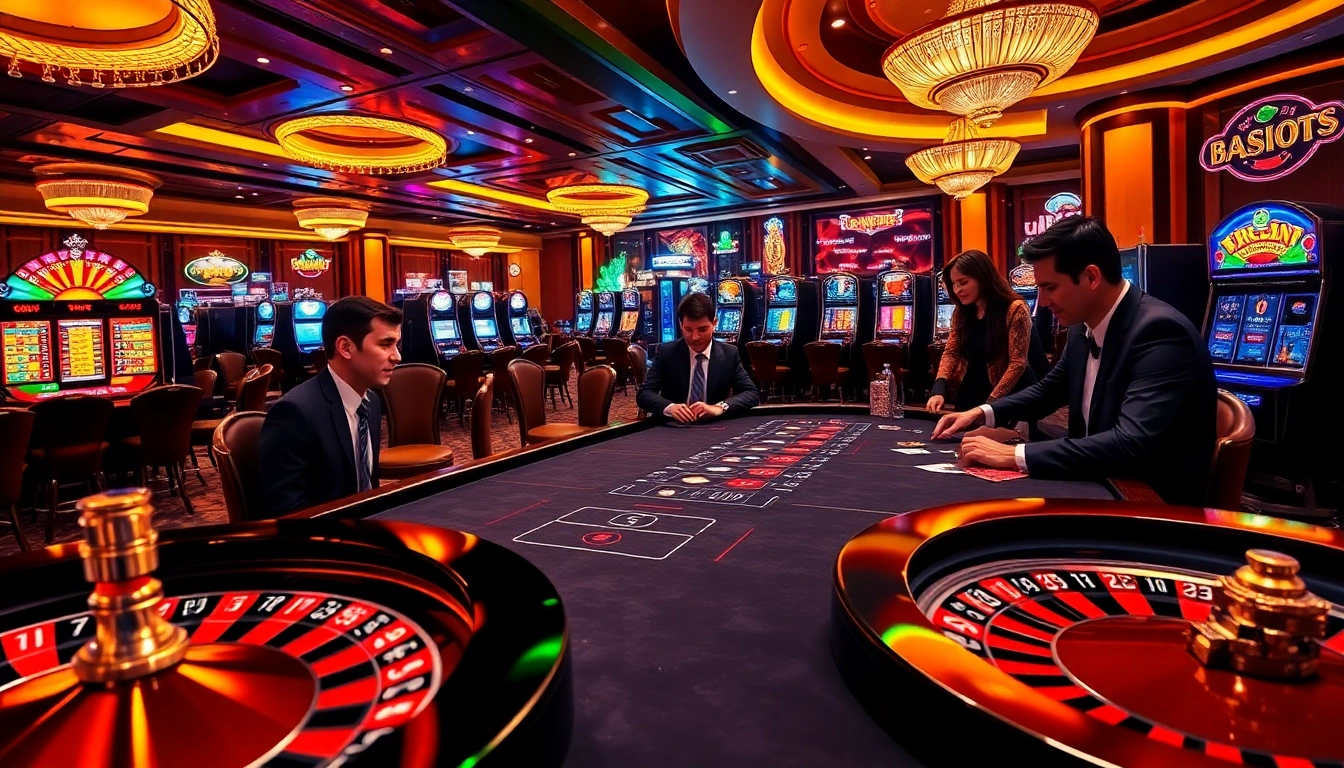 Exciting casino scene showcasing 6L777 poker action with vibrant tables and lively players.