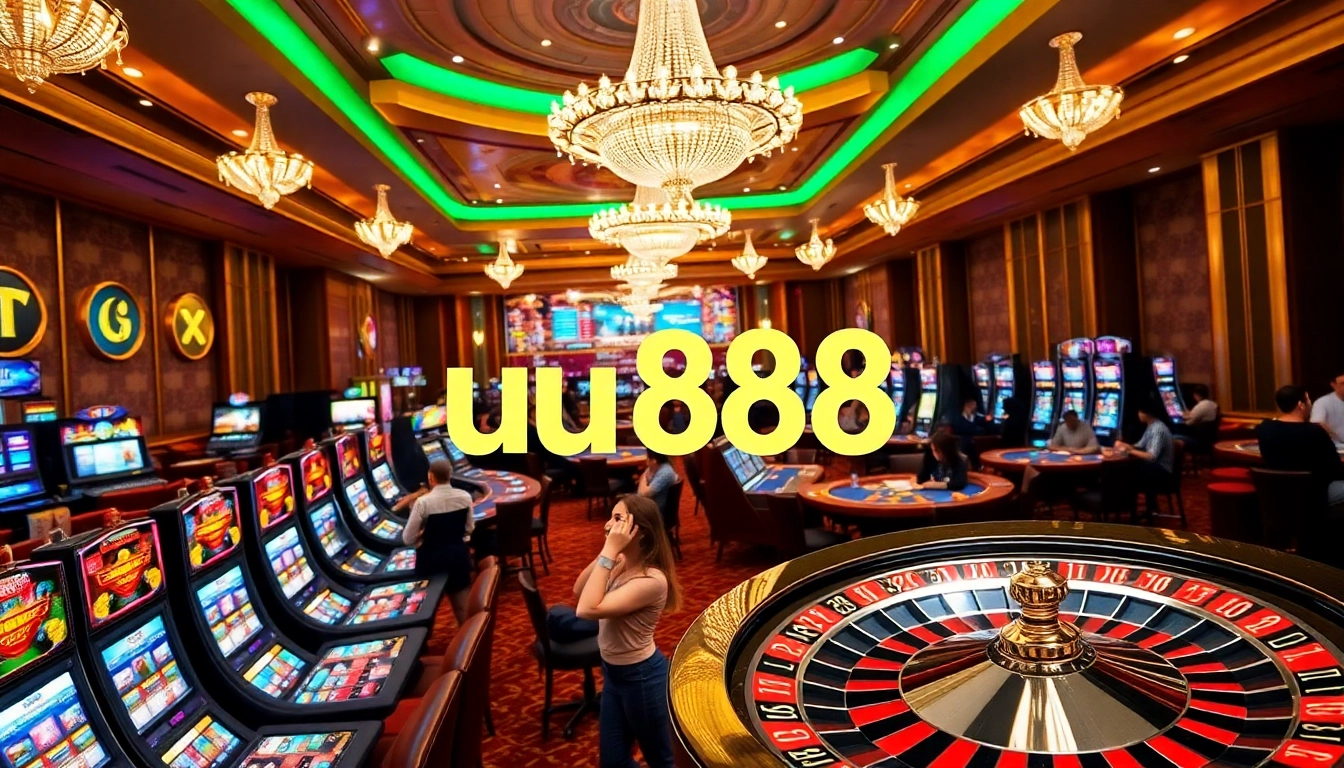 uu88 players celebrating wins at a luxury casino, featuring tables and vibrant slot machines