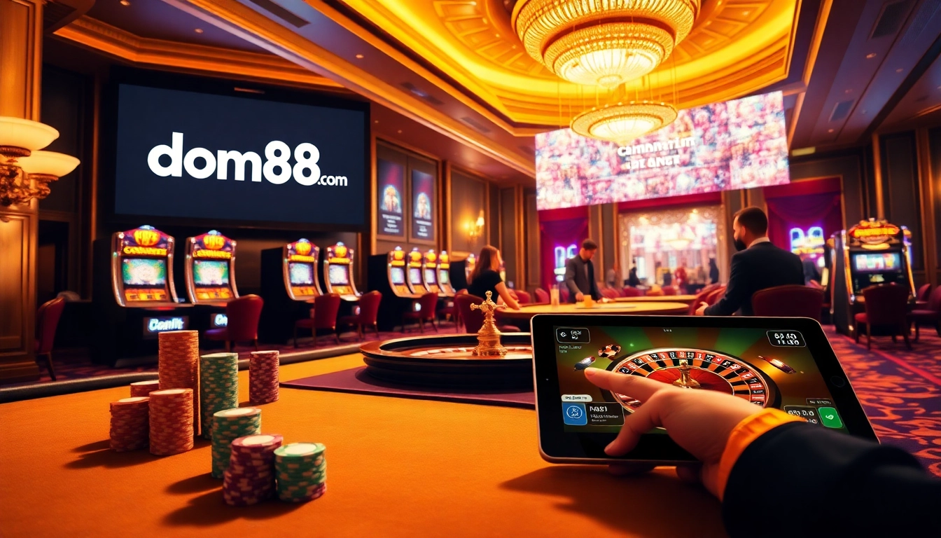 Experience high-stakes gaming at dom88.us.com with vibrant casino visuals, engaging players at the tables.