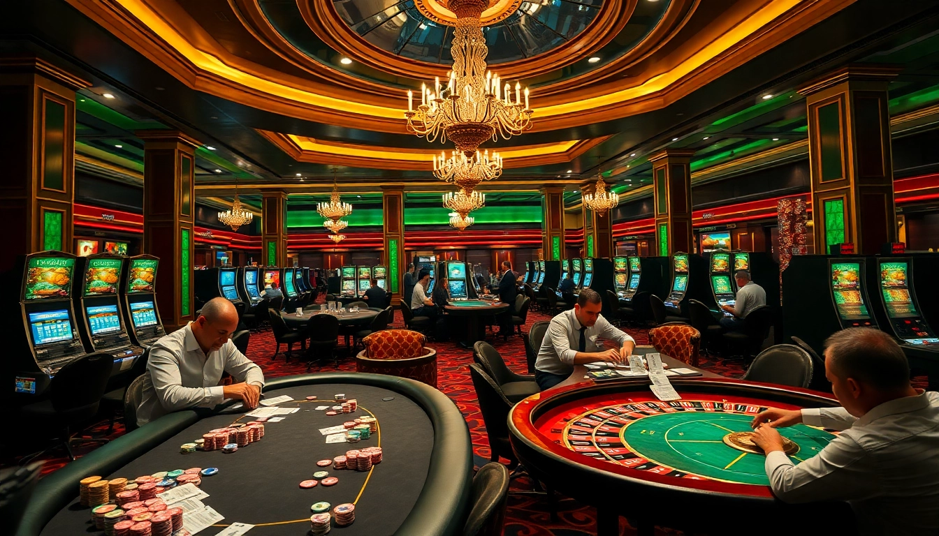 Gamblers engaging at a luxurious casino featuring https://bl555.design/ with poker tables, roulette wheels, and slot machines.