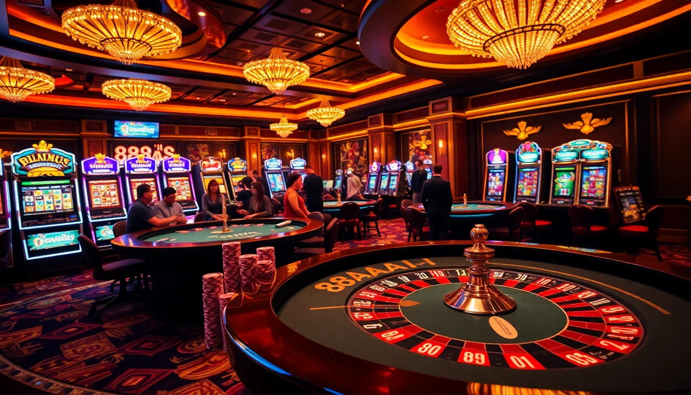 Players engaging at a luxurious casino table with 88aa branding on chips and roulette.