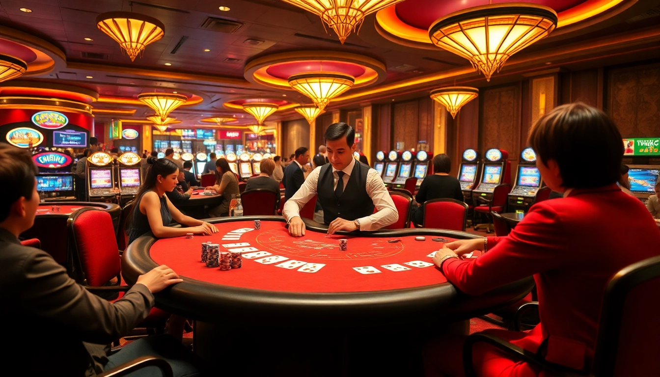Experience the excitement of Trang chủ LC88 with players at a professional poker table surrounded by vibrant gambling elements.