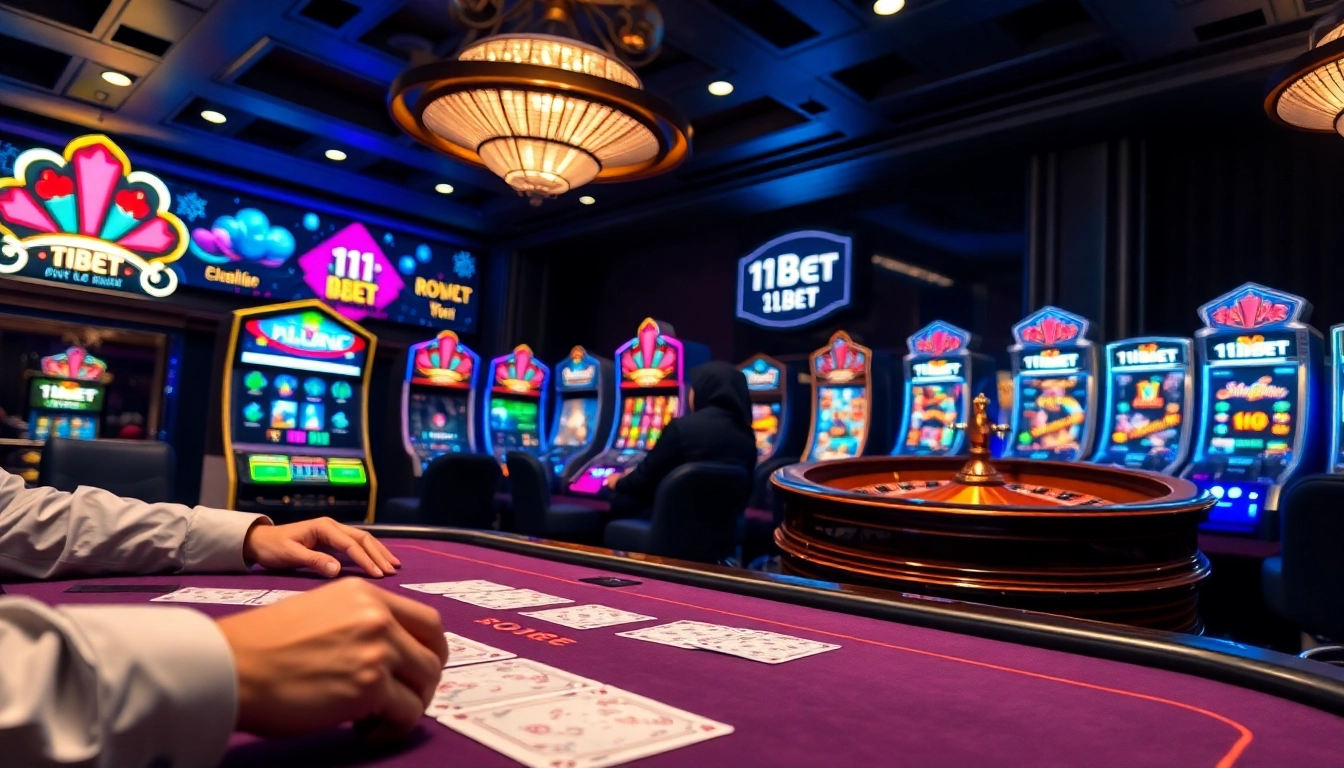 Experience the excitement of 11BET at a luxurious poker table surrounded by vibrant slots and roulette.