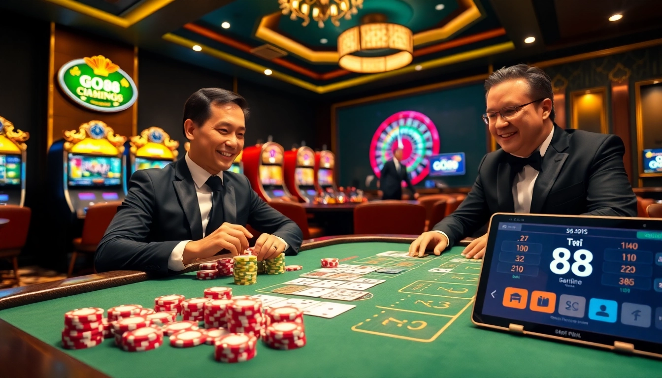 Tải GO88 action at a vibrant casino table with poker chips and cards, where excitement meets strategy.