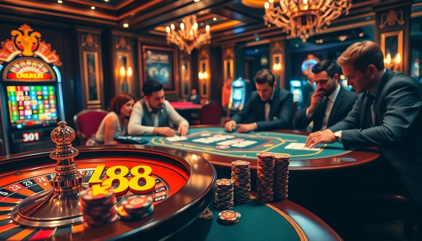 A high-stakes poker table showcasing intense players and the Kp 88 branding on chips in a luxurious casino.