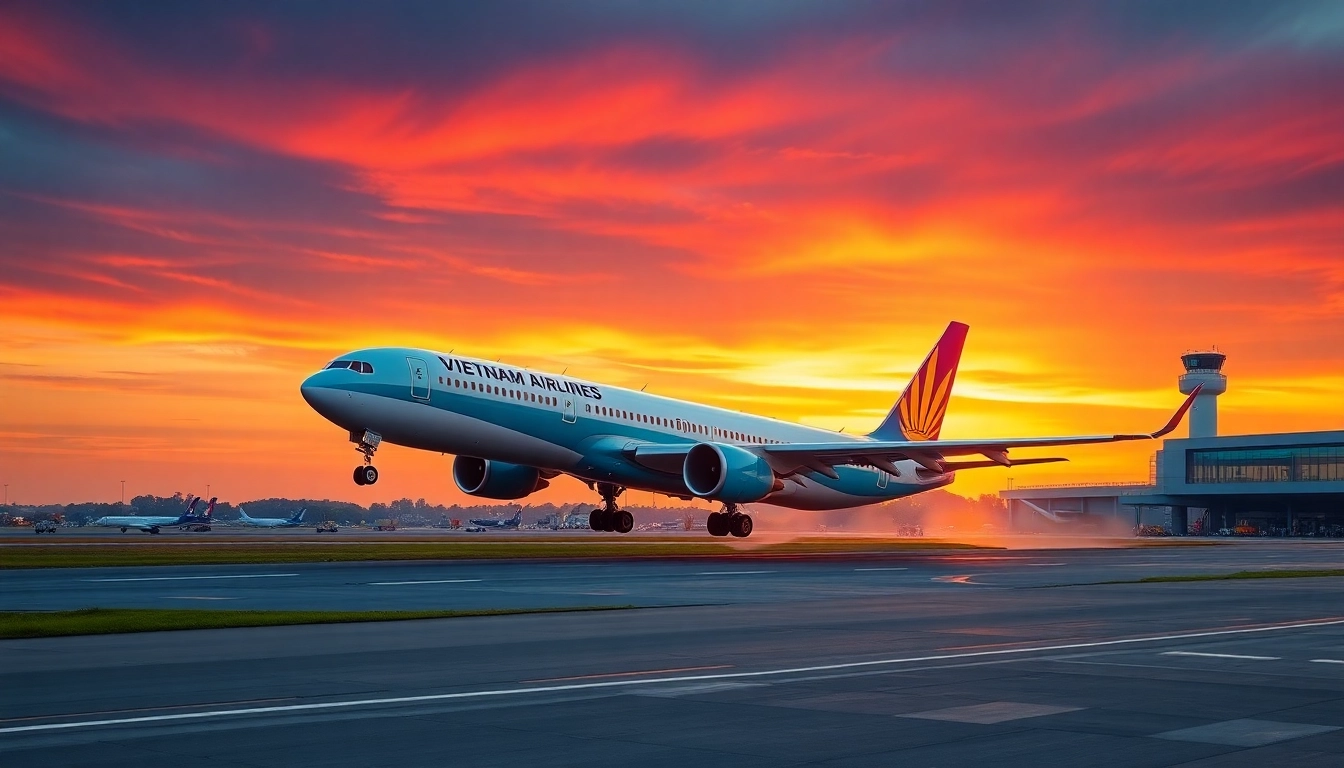 VN168 flight taking off at Da Nang Airport during a stunning sunset, showcasing Vietnam Airlines livery.