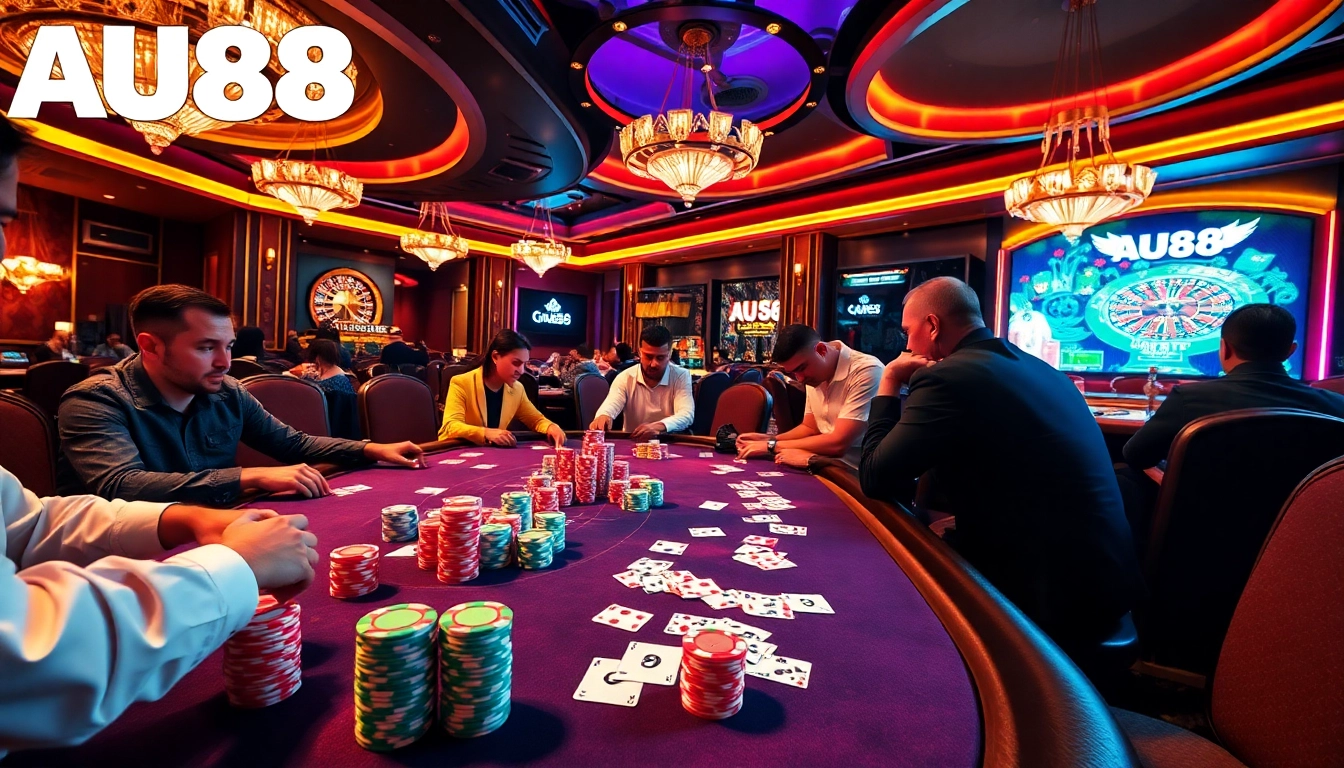 Experience AU88 gaming thrills at a luxury casino poker table with vibrant chips and cards.