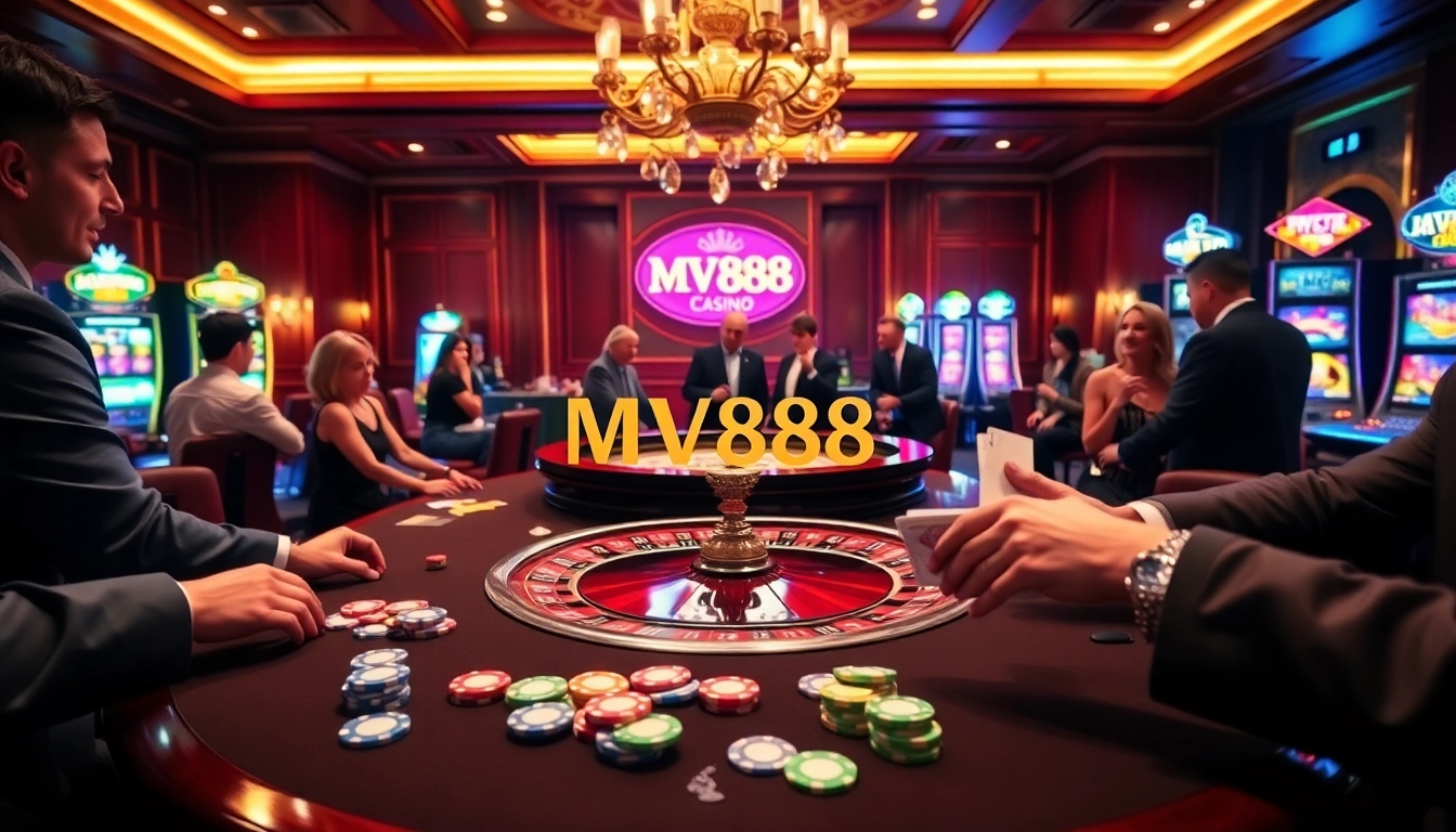 Experience thrilling gameplay with MV888 at the luxurious casino, featuring vibrant tables and exciting gambling action.