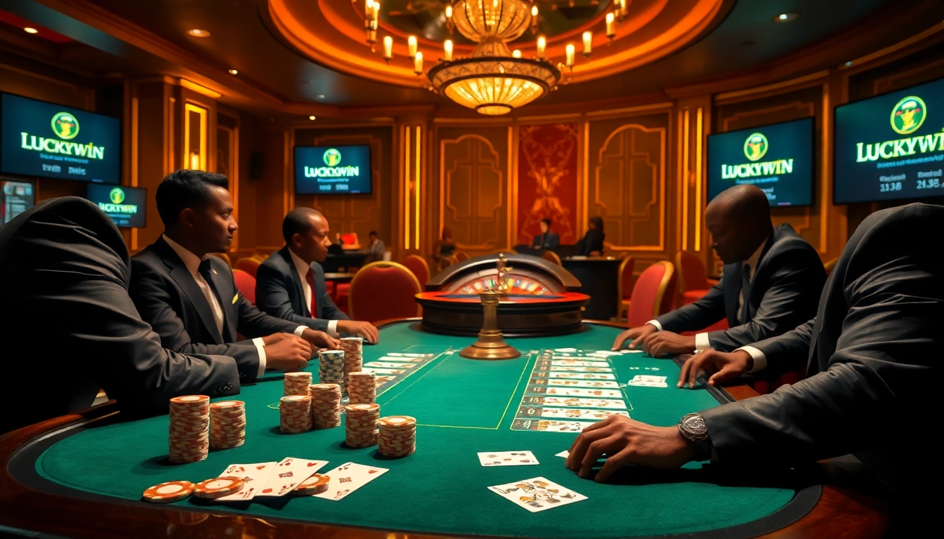 Exciting gambling scene with poker players and luckywin kenya logo for enhanced gaming experience.