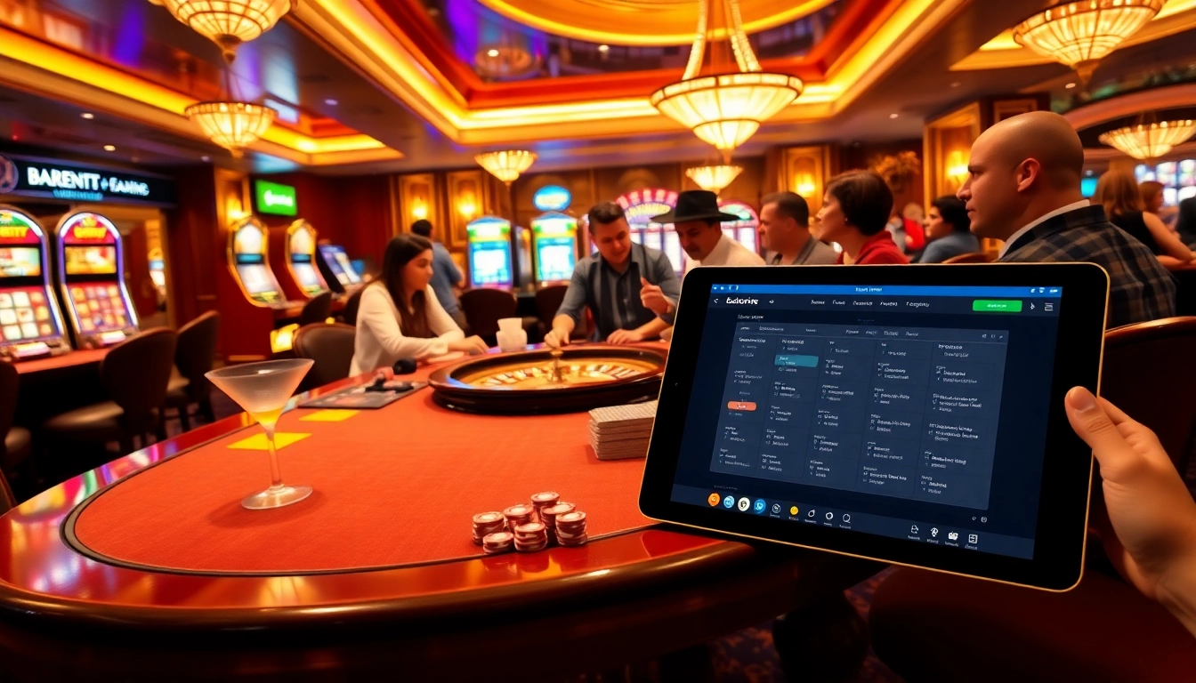 Exciting gambling scene featuring the 8xbetcom.chat interface amidst lively casino tables and players engaging in strategy.