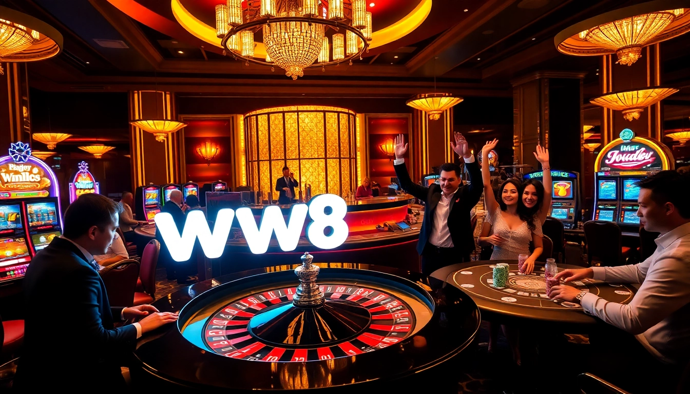 Exciting casino scene showcasing ww88 logo with players enjoying games at tables and slots.