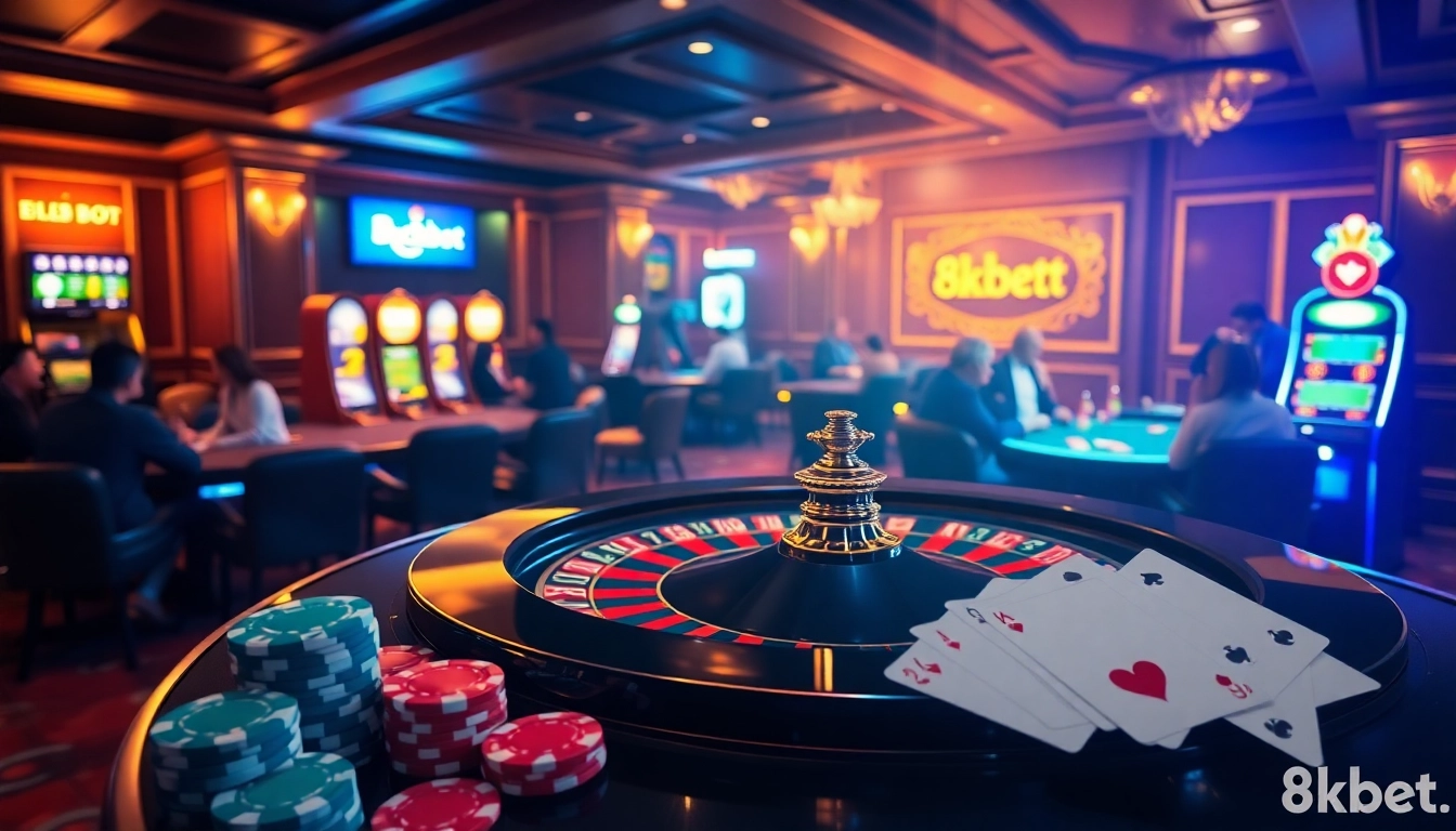 Engaging view of online gambling scene with link vào 8kbet, featuring roulette and slot machines.