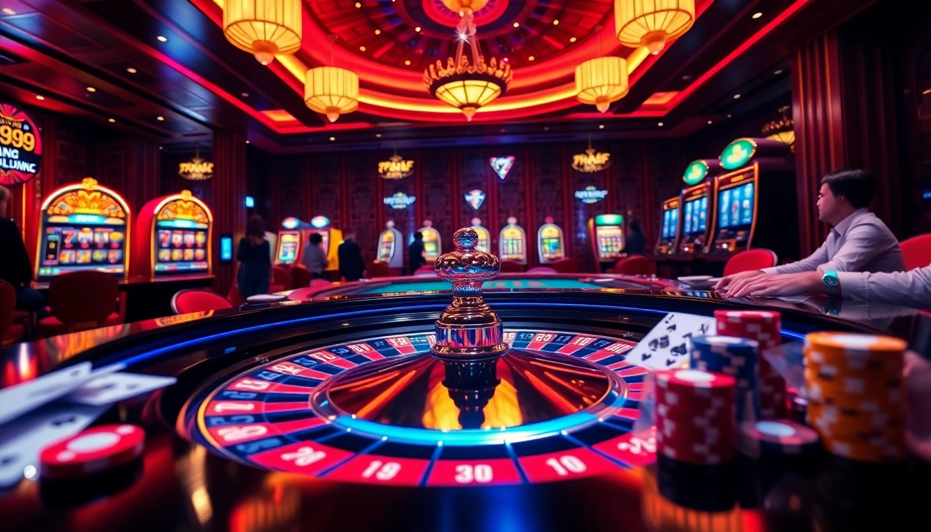 Exciting 789F casino scene with roulette table, poker chips, and players enjoying games.