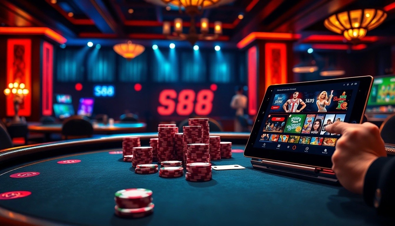 Experience high-stakes excitement at the S88 casino table with vibrant poker chips.
