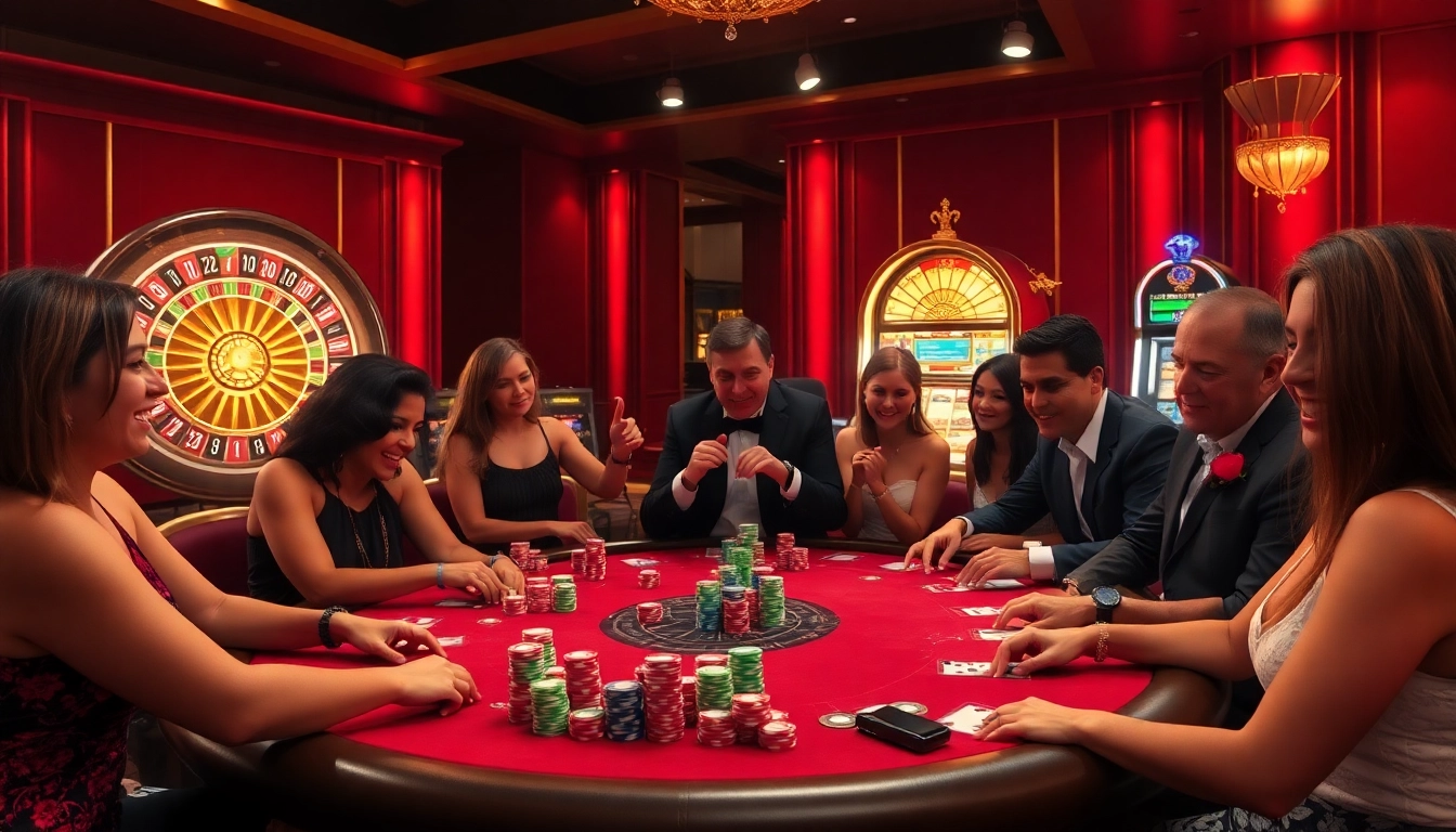 Gamblers enjoying a vibrant and luxurious casino atmosphere at https://impactxoft.com, with poker and roulette excitement.
