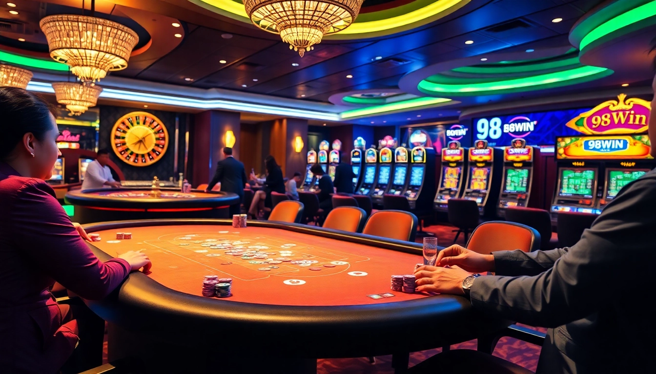 Experience thrilling gameplay at 98WIN's vibrant casino tables with chips and roulette.